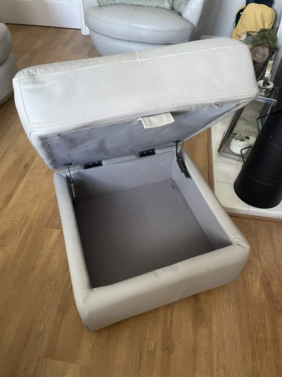 Furniture village, grey leather, 2 seater sofa, armchair & footstool