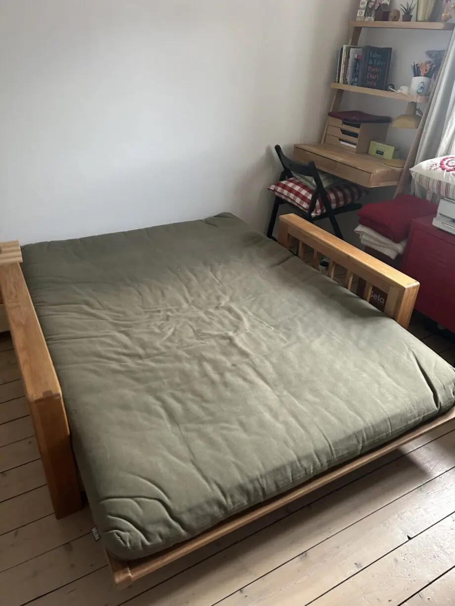 Futon Company Vienna oak sofa bed in olive green