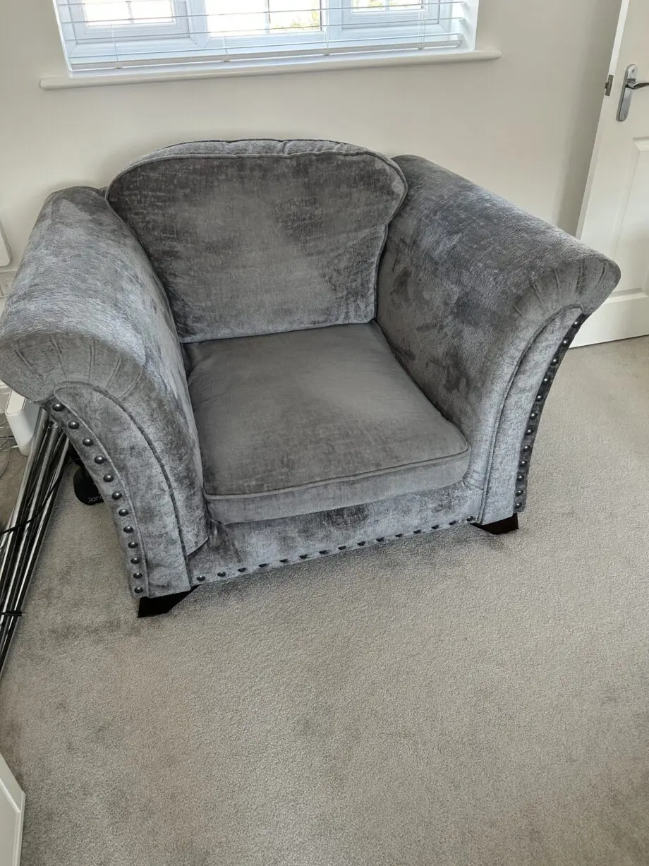 Furniture Village Dark Grey Holly Corner Sofa Set with Dark Studs - Includes Love Chair & Ottoman Footstool