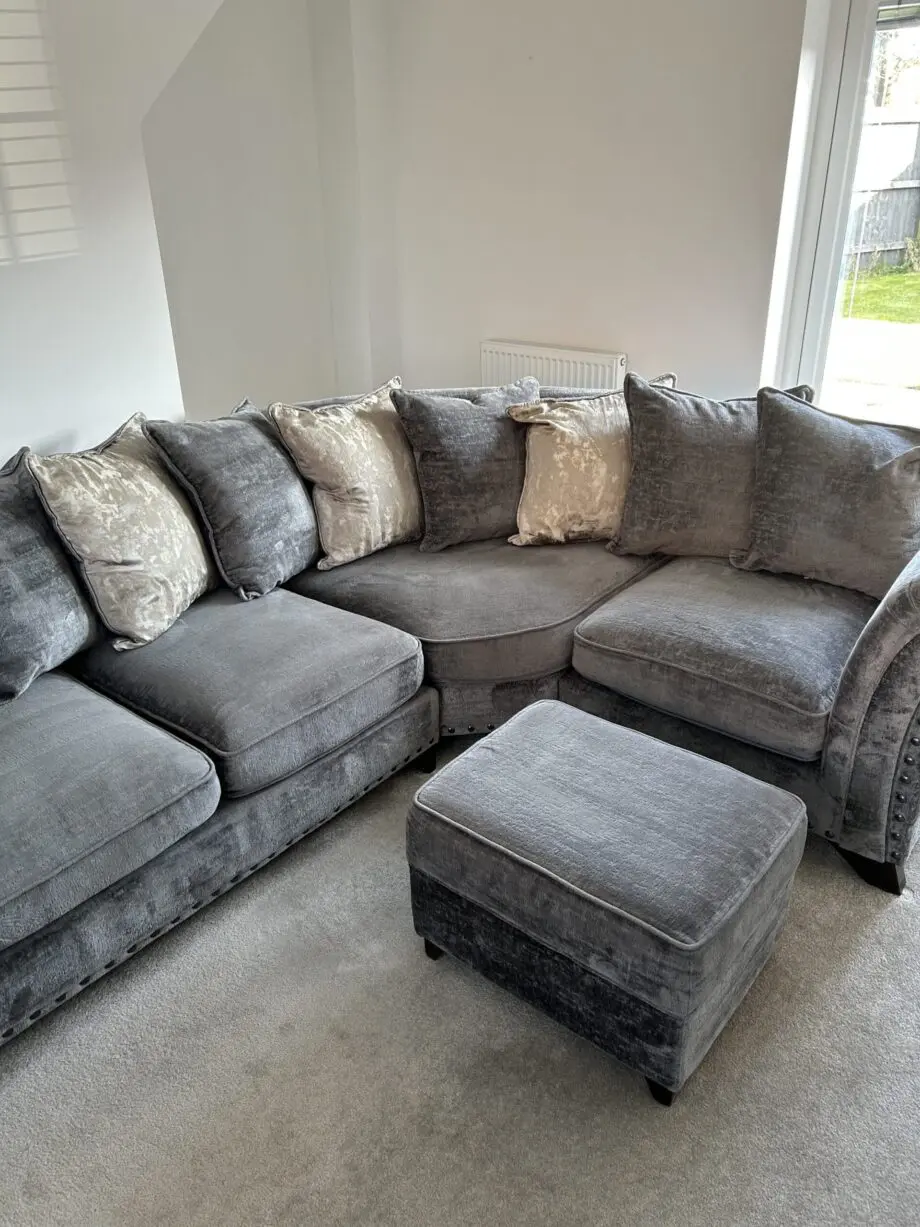 Furniture Village Dark Grey Holly Corner Sofa Set with Dark Studs - Includes Love Chair & Ottoman Footstool