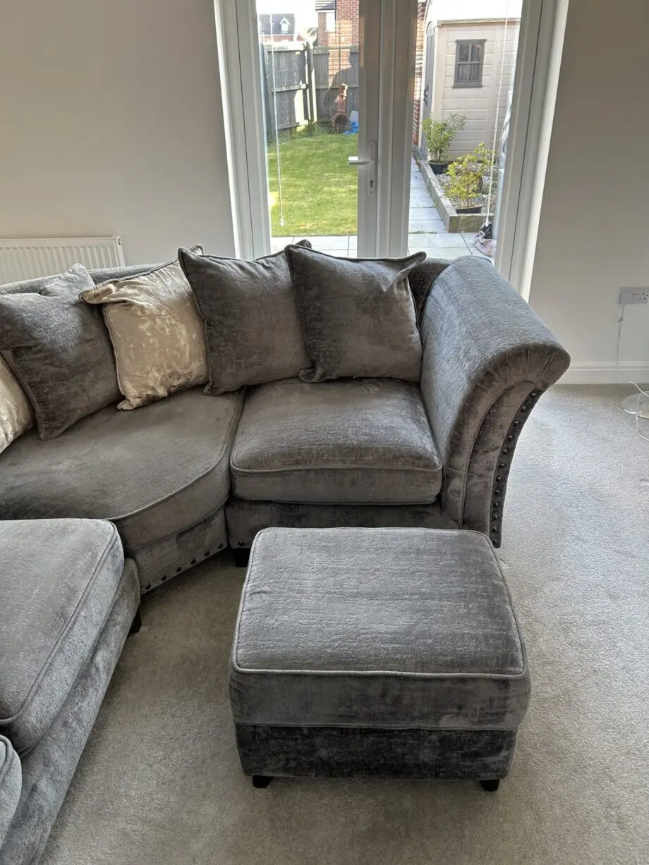 Furniture Village Dark Grey Holly Corner Sofa Set with Dark Studs - Includes Love Chair & Ottoman Footstool