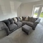 Furniture Village Dark Grey Holly Corner Sofa Set with Dark Studs - Includes Love Chair & Ottoman Footstool
