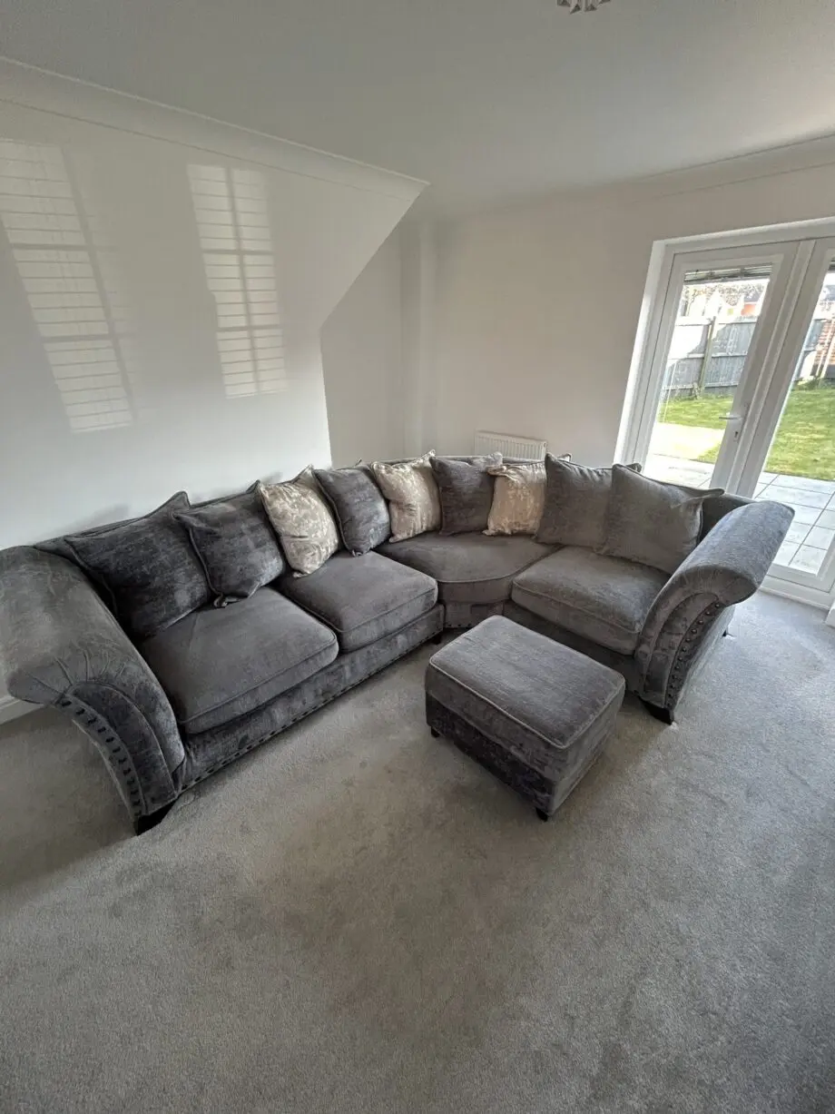 Furniture Village Dark Grey Holly Corner Sofa Set with Dark Studs - Includes Love Chair & Ottoman Footstool