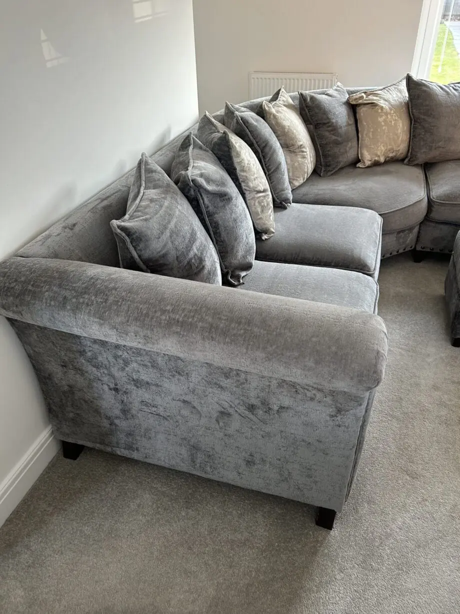 Furniture Village Dark Grey Holly Corner Sofa Set with Dark Studs - Includes Love Chair & Ottoman Footstool