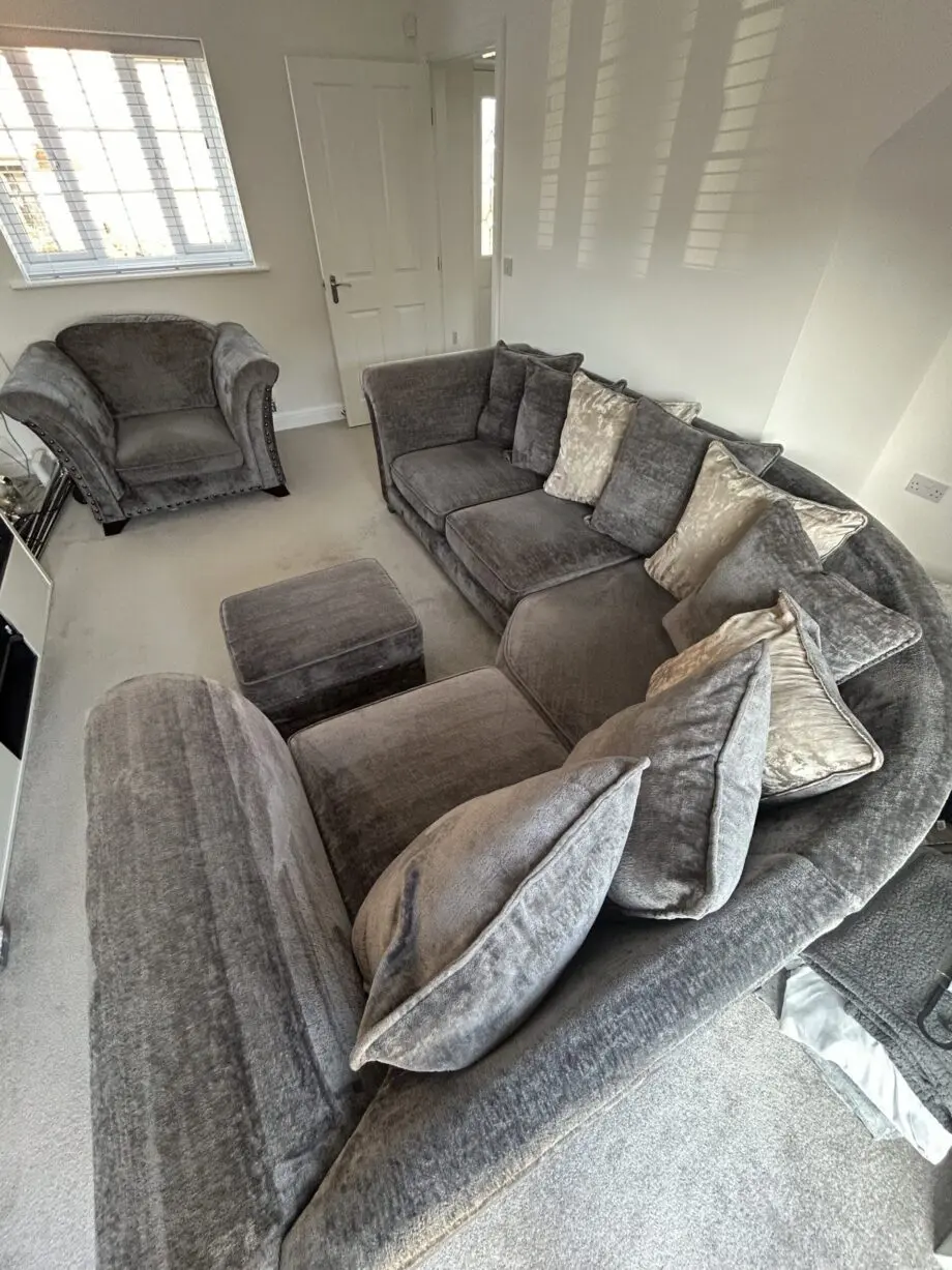 Furniture Village Dark Grey Holly Corner Sofa Set with Dark Studs - Includes Love Chair & Ottoman Footstool