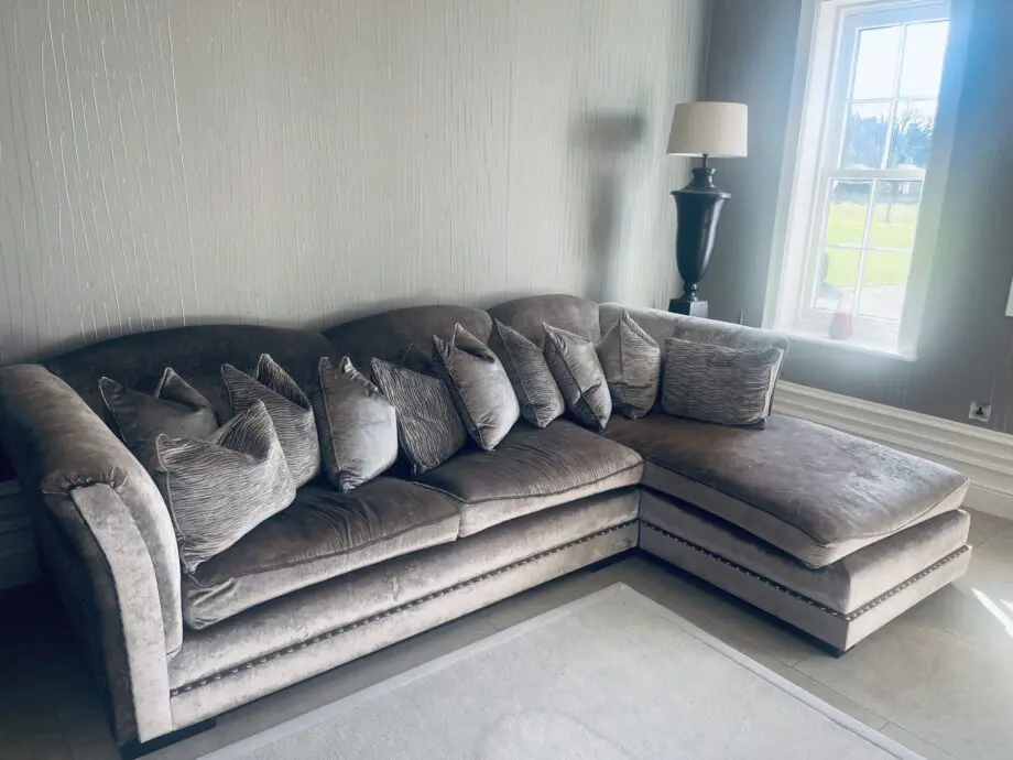 Bespoke L shaped corner sofa Silver crushed velvet