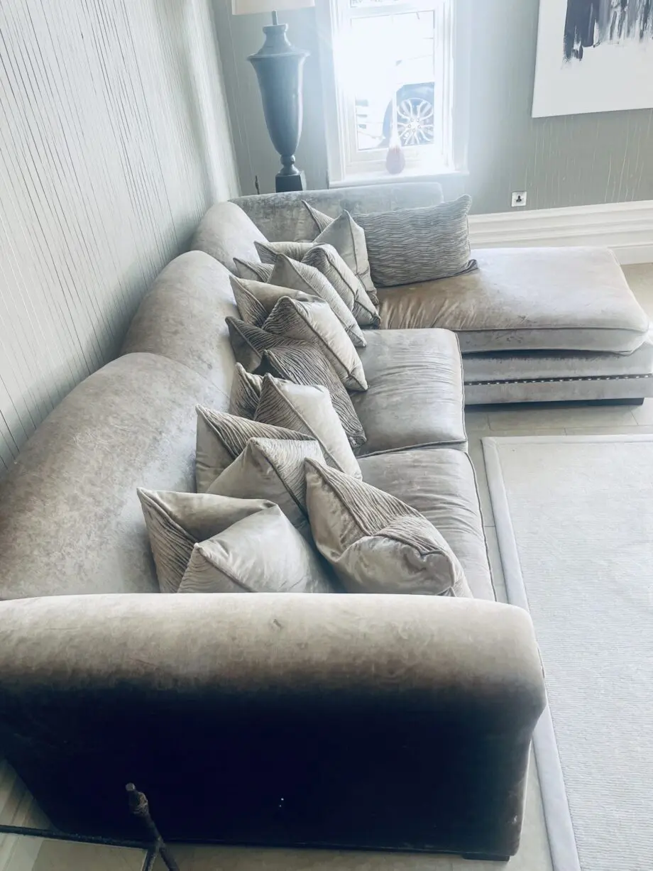 Bespoke L shaped corner sofa Silver crushed velvet