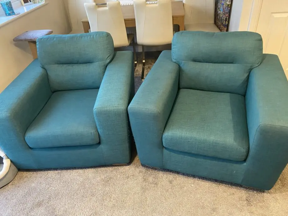 DFS teal sofa, chairs & pouffe
