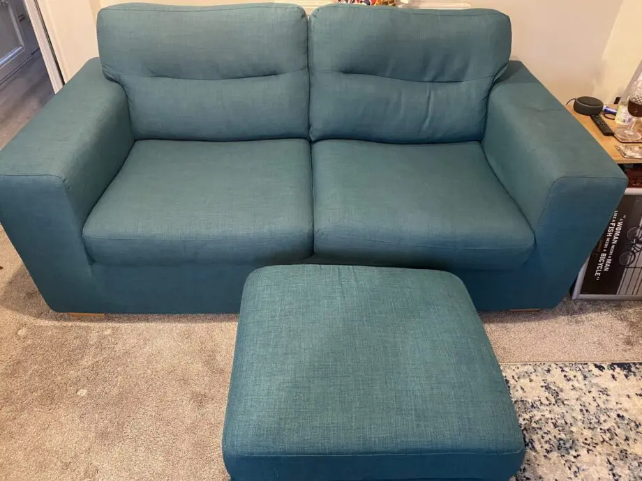 DFS teal sofa, chairs & pouffe