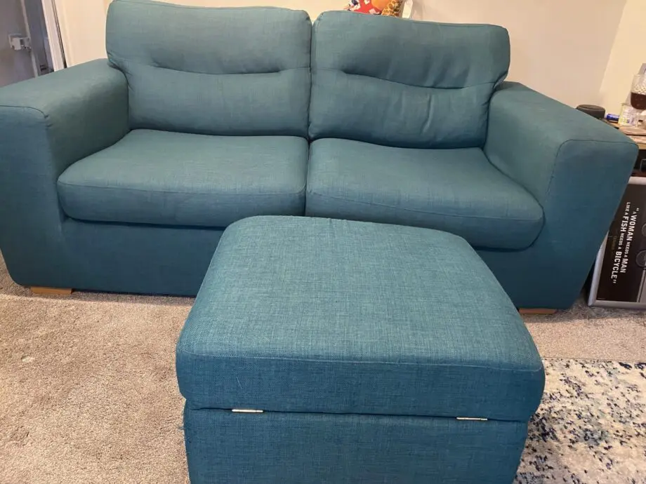DFS teal sofa, chairs & pouffe