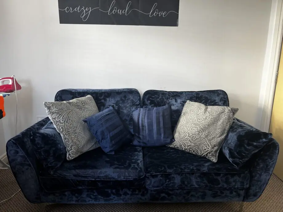Furniture World Navy Blue Velvet Sofas — 2 & 3-Seater Set