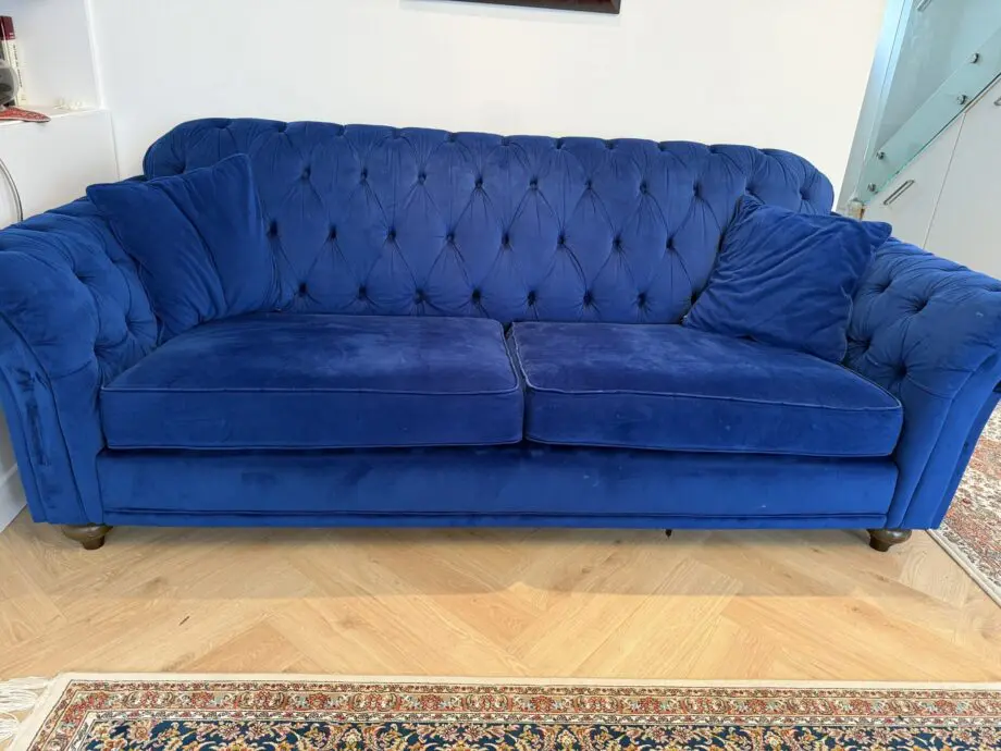 3 seater velvet blue sofa