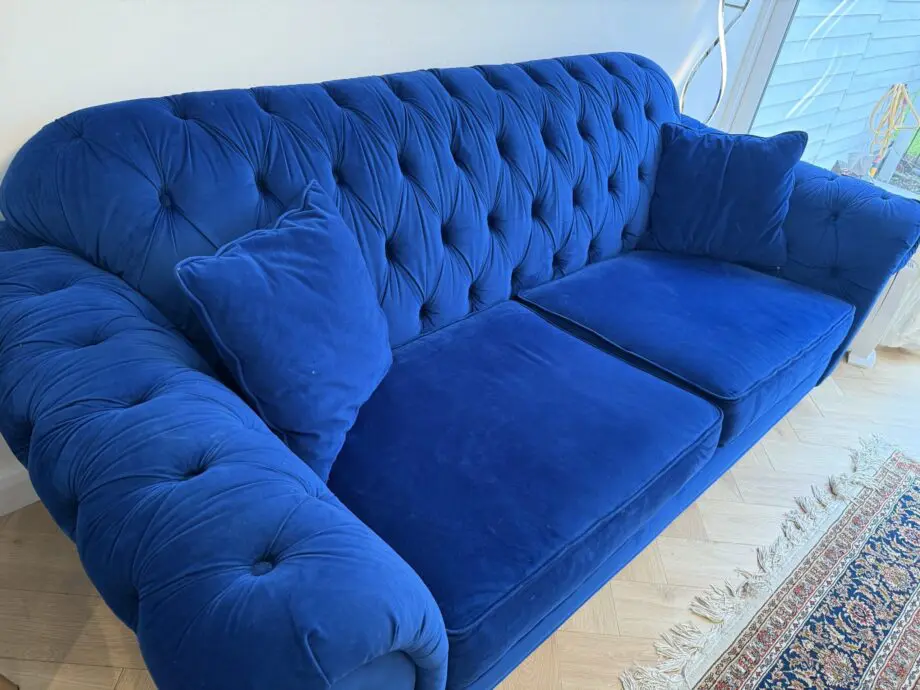 3 seater velvet blue sofa