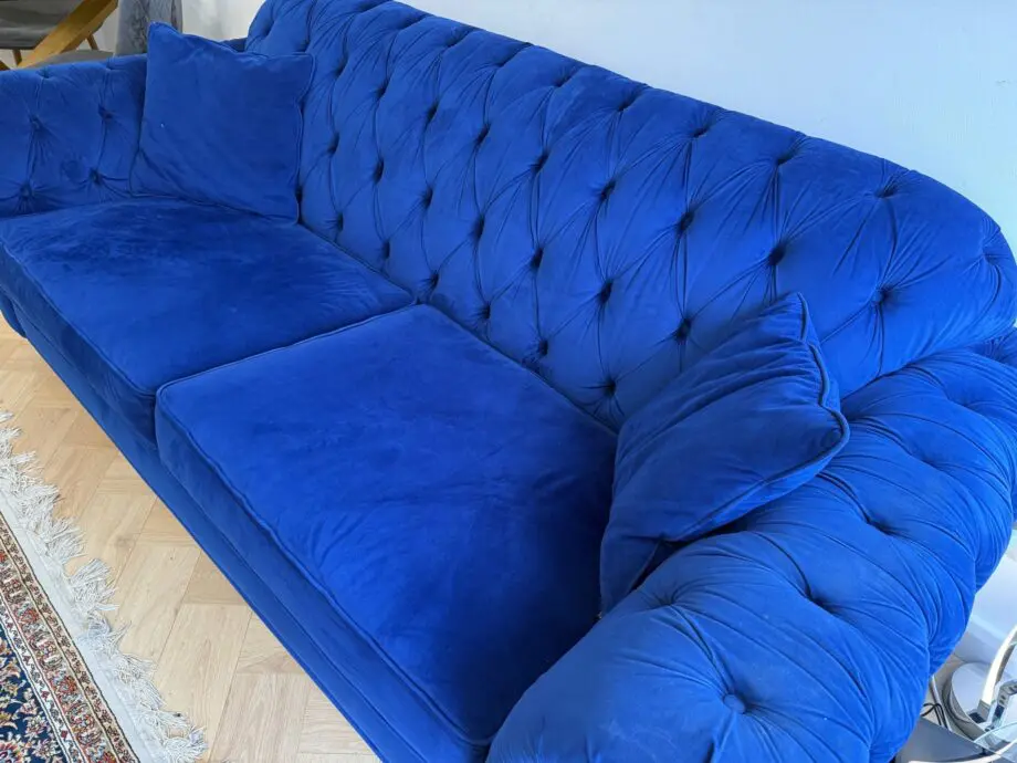 3 seater velvet blue sofa