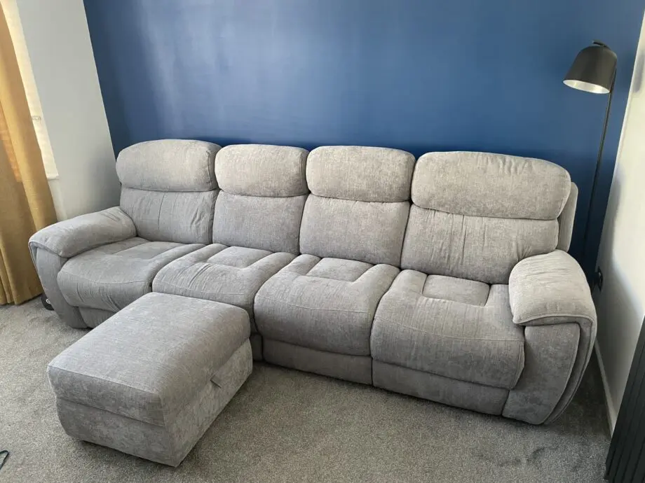 Sofology Grey Radley 4 seater sofa with dual recliner and storage footstool