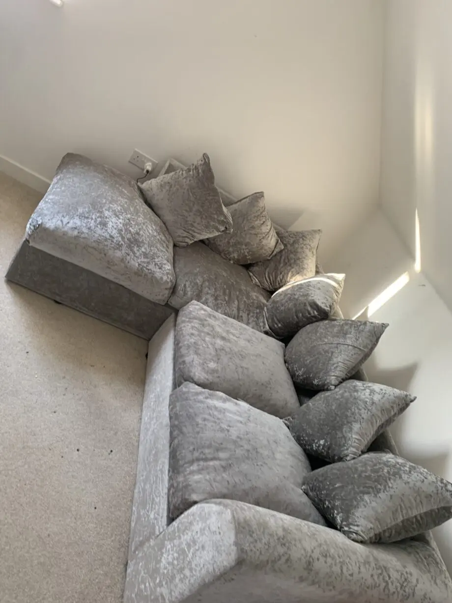 John Lewis grey corner sofa silver crushed velvet