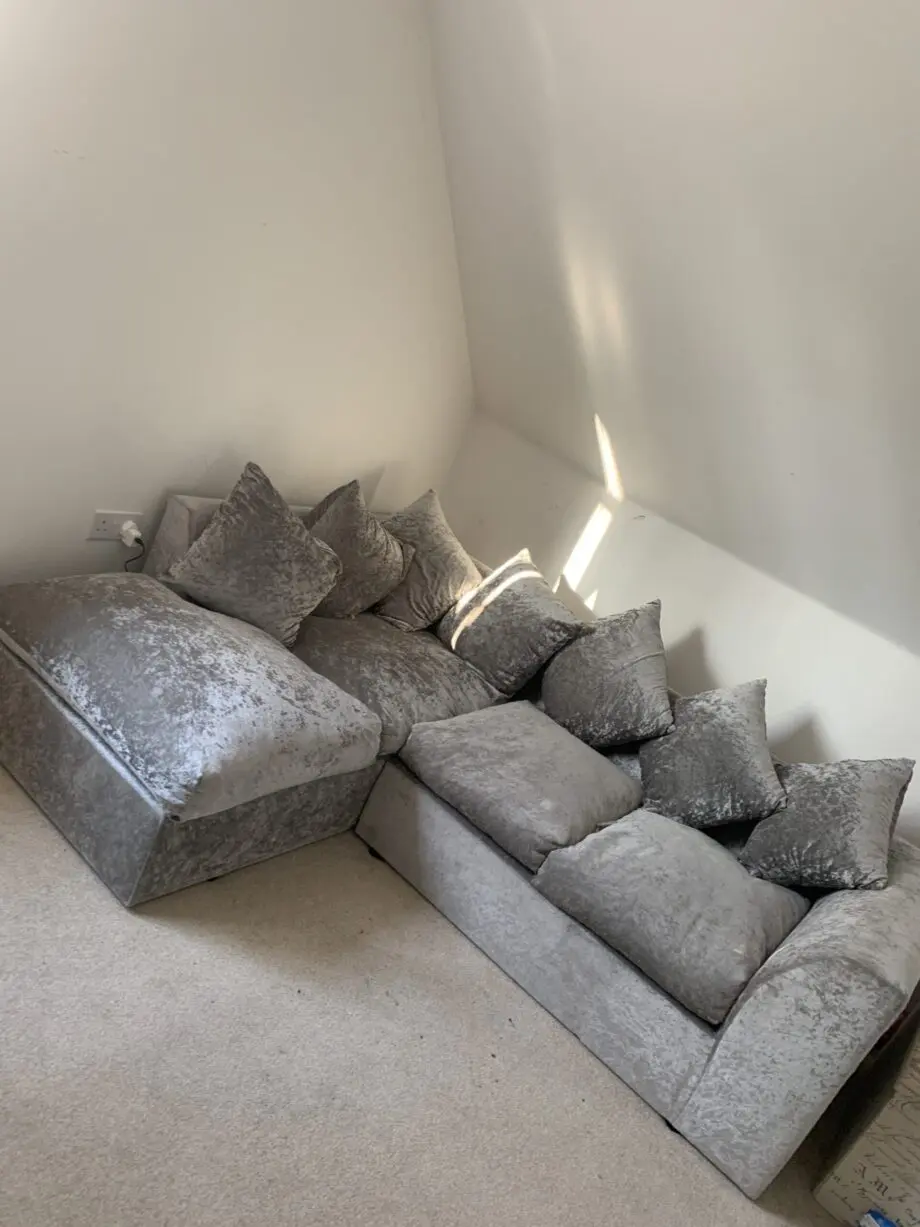 John Lewis grey corner sofa silver crushed velvet