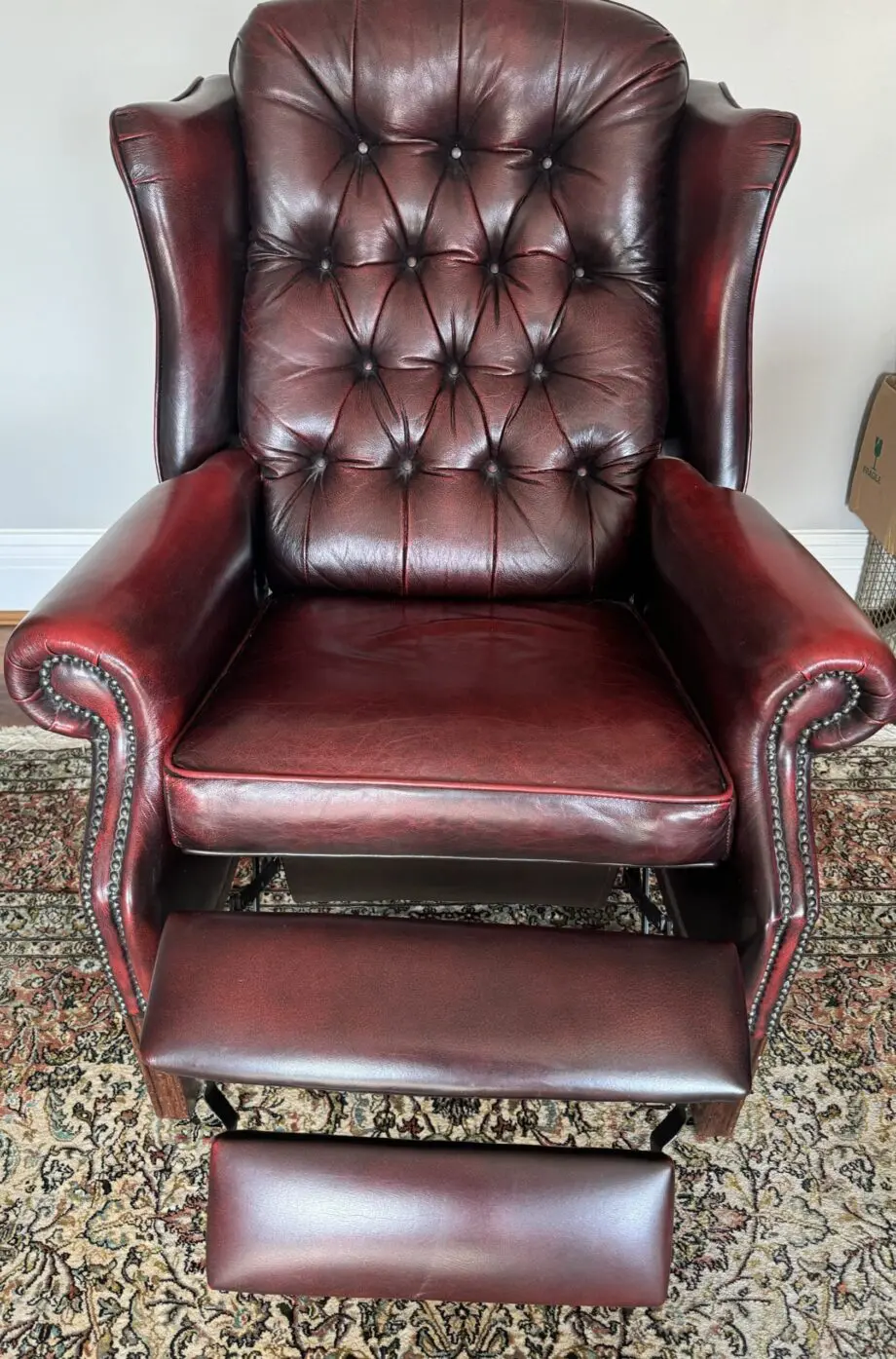 Traditional Leather Chesterfield Reclining Armchair in Deep Burgundy (maroon)