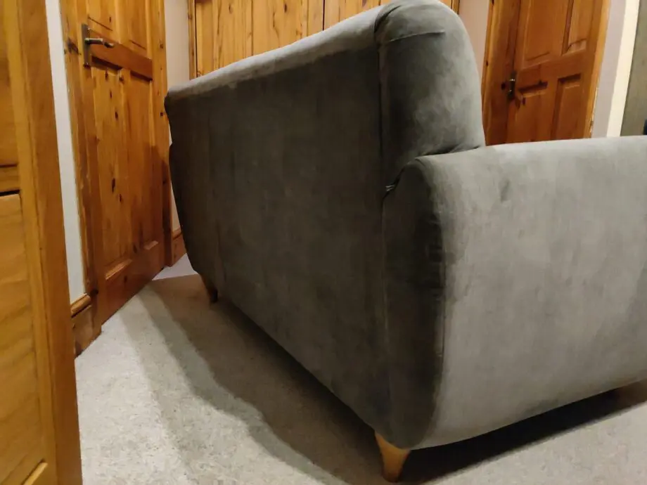 Grey w/yellow accents, two-person sofa