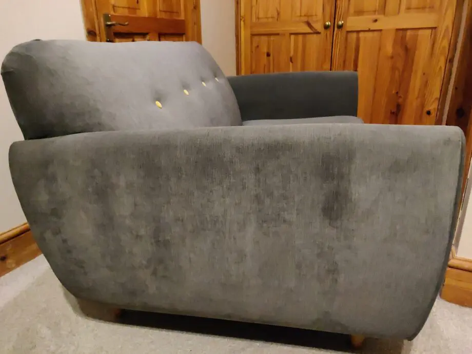 Grey w/yellow accents, two-person sofa