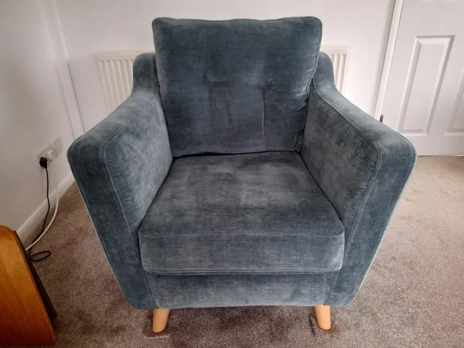 Blue Three Piece Suite with Light Wood Coloured Legs