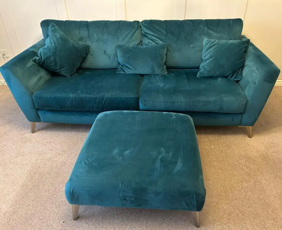 DFS Velvet Teal ‘The Libby’ 3 seater sofa and footstool