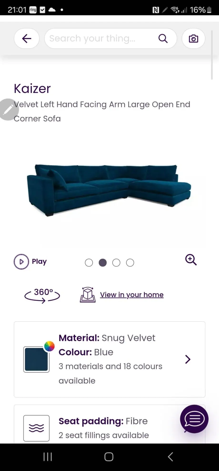 DFS Kaizer blue snug velvetleft hand facing corner sofa