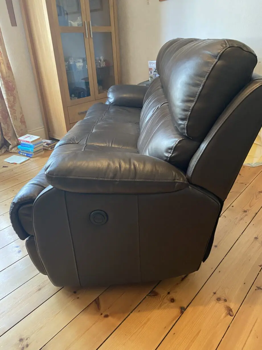 brand : Liberty, Colour : california walnut brown, Description : 3 seater double power recliner sofa.