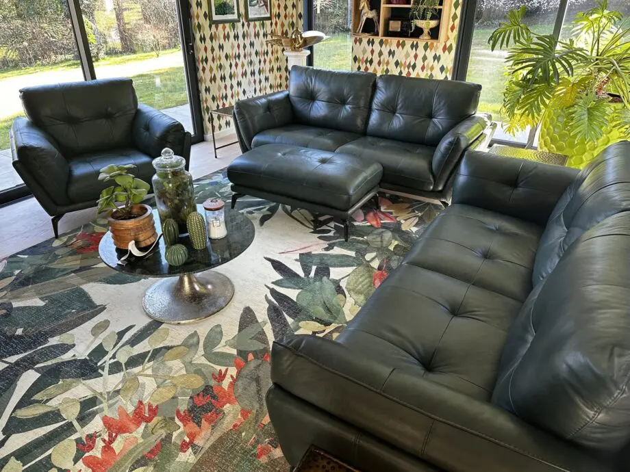 DFS- Green Harlan Sofa Set (2x3 seater, chair and footstool)