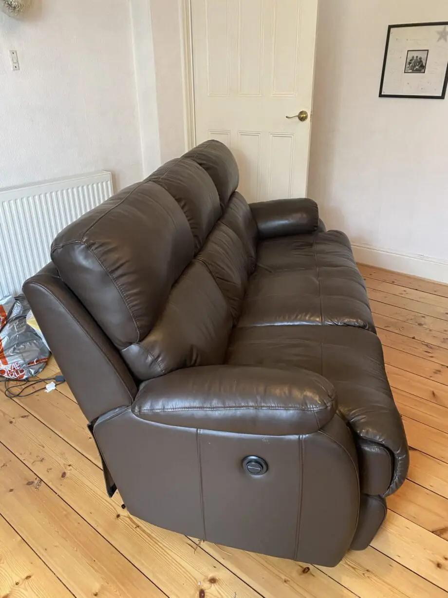 brand : Liberty, Colour : california walnut brown, Description : 3 seater double power recliner sofa.