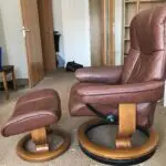 Parker Knoll brown leather chair and footstool