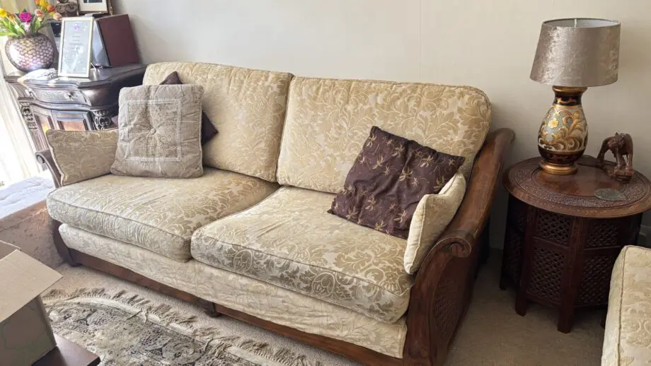 Multiyork solid walnut Bergère three-seater sofa - cream