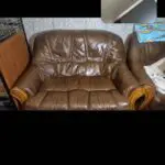 Brown leather sofa and foot stool