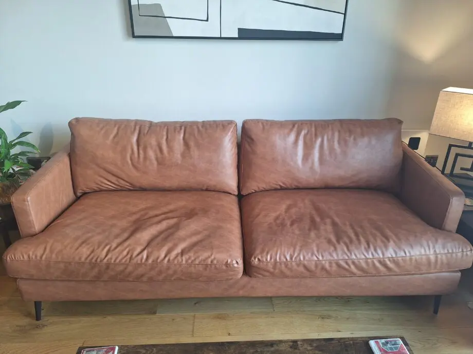 Modern 3-Seater Faux Leather Sofa – Orange Tan – Like New