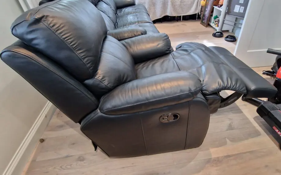 Sofology Black Leather Reclining Sofa and Chair (excellent condition)