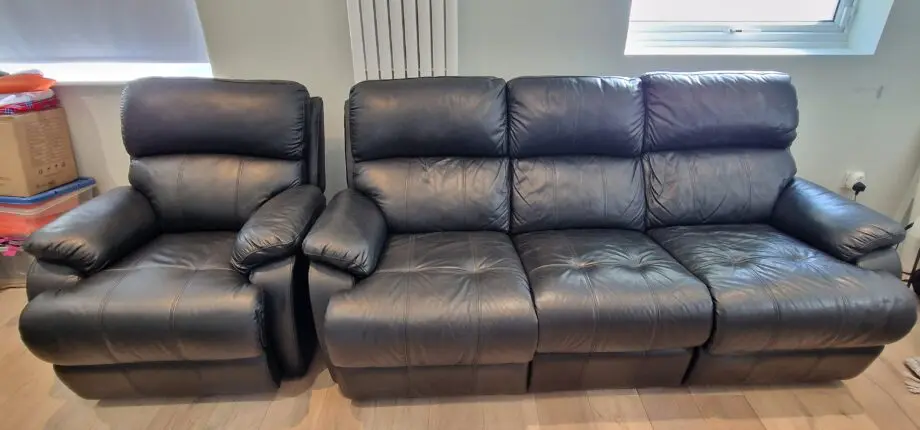 Sofology Black Leather Reclining Sofa and Chair (excellent condition)