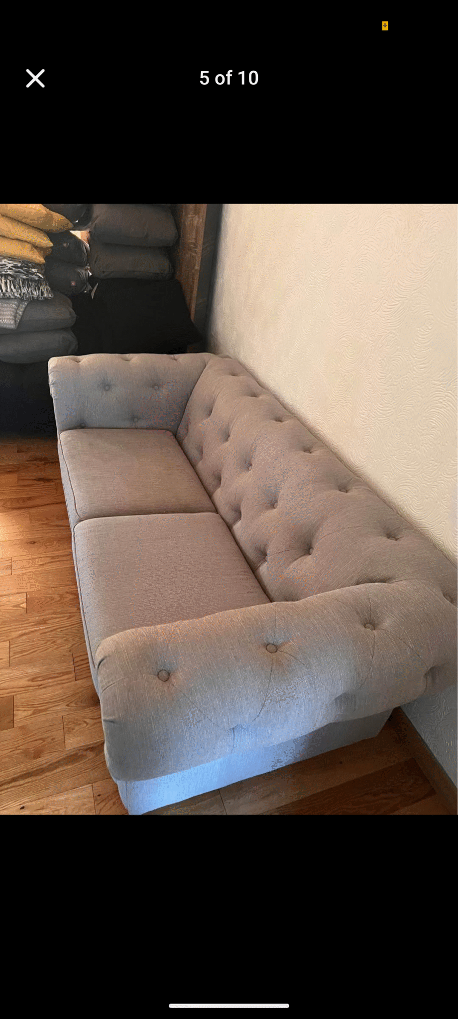 DFS Chesterfield grey sofa, cuddle chair and foot stool
