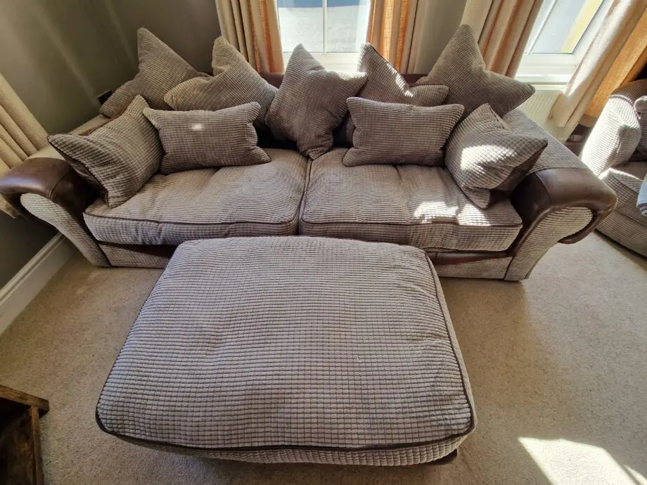 4 seater sofa, swivel chair and foot stool