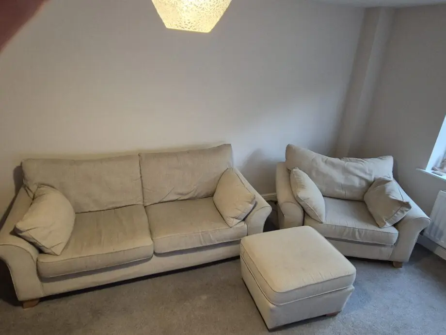 DFS Dunstable 3 seater sofa, cluddler chair and storage foot stool
