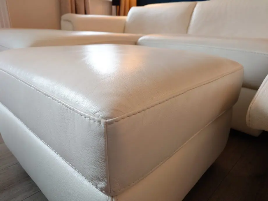 White Leather Nicoletti Italian 4 seat sofa with chaise long and powered recliner