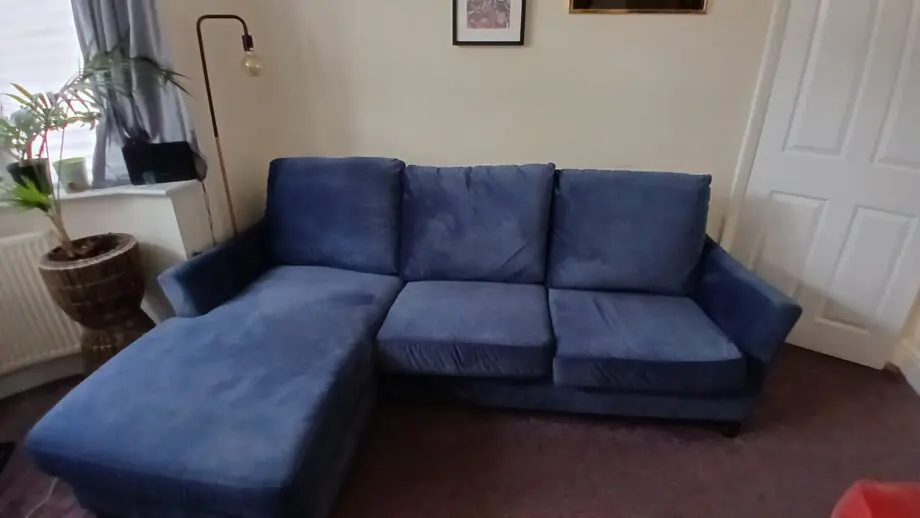 Debenham Dark Blue Velvet 'Abbeville' left-hand facing chaise corner sofa