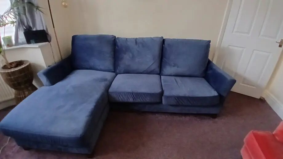 Debenham Dark Blue Velvet 'Abbeville' left-hand facing chaise corner sofa