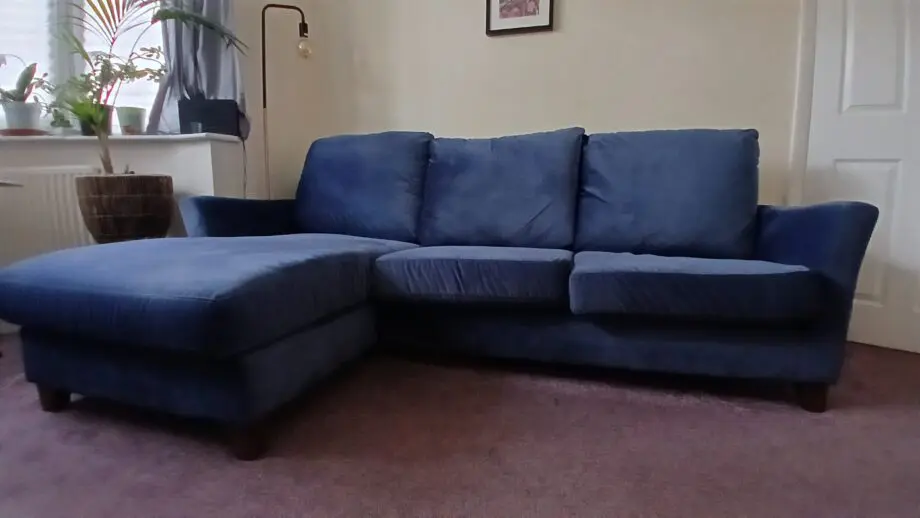 Debenham Dark Blue Velvet 'Abbeville' left-hand facing chaise corner sofa