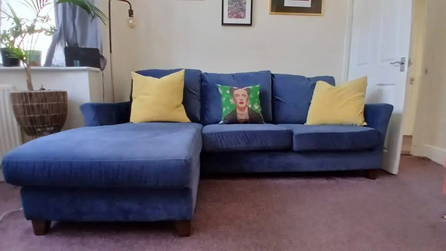 Debenham Dark Blue Velvet 'Abbeville' left-hand facing chaise corner sofa