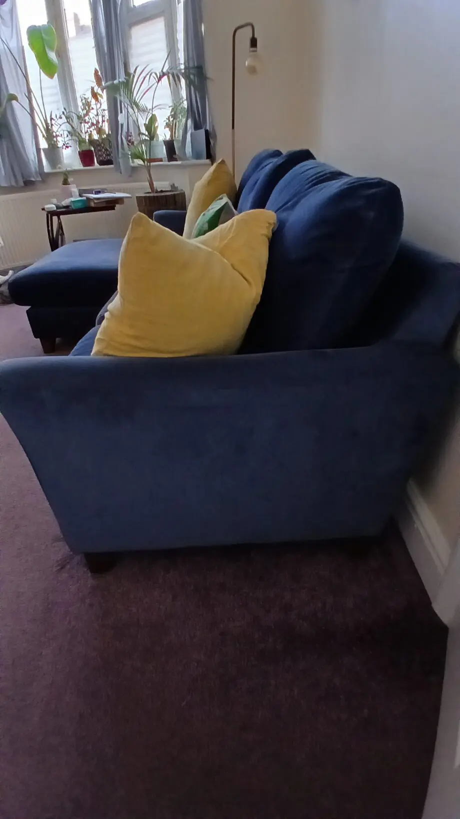 Debenham Dark Blue Velvet 'Abbeville' left-hand facing chaise corner sofa