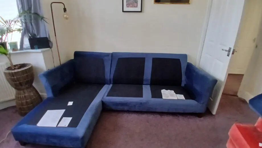 Debenham Dark Blue Velvet 'Abbeville' left-hand facing chaise corner sofa
