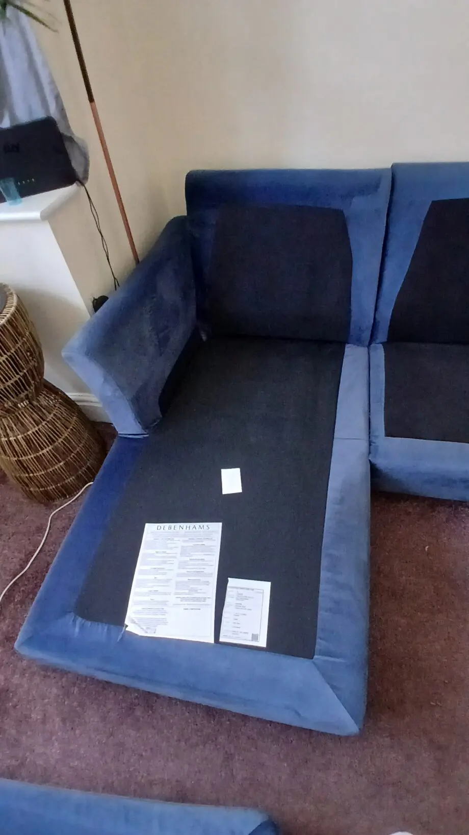 Debenham Dark Blue Velvet 'Abbeville' left-hand facing chaise corner sofa