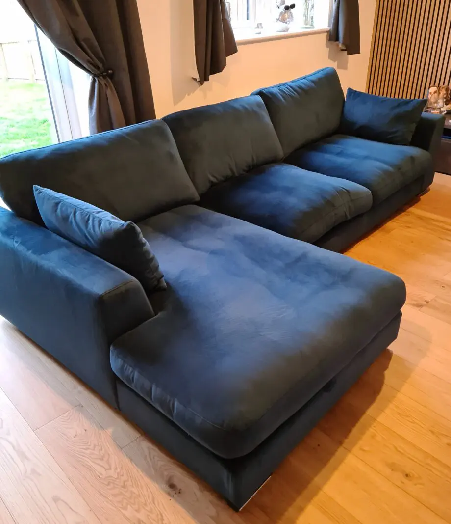 DFS Plush Velvet (Dark Blue) Pillow Back left hand facing large chaise end sofa