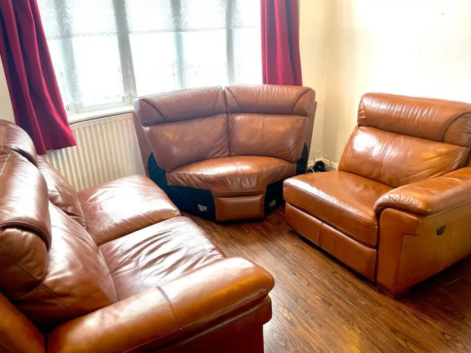 Large Caramel Leather Recliner Sectional Sofa