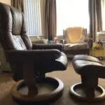Parker Knoll brown leather chair and footstool